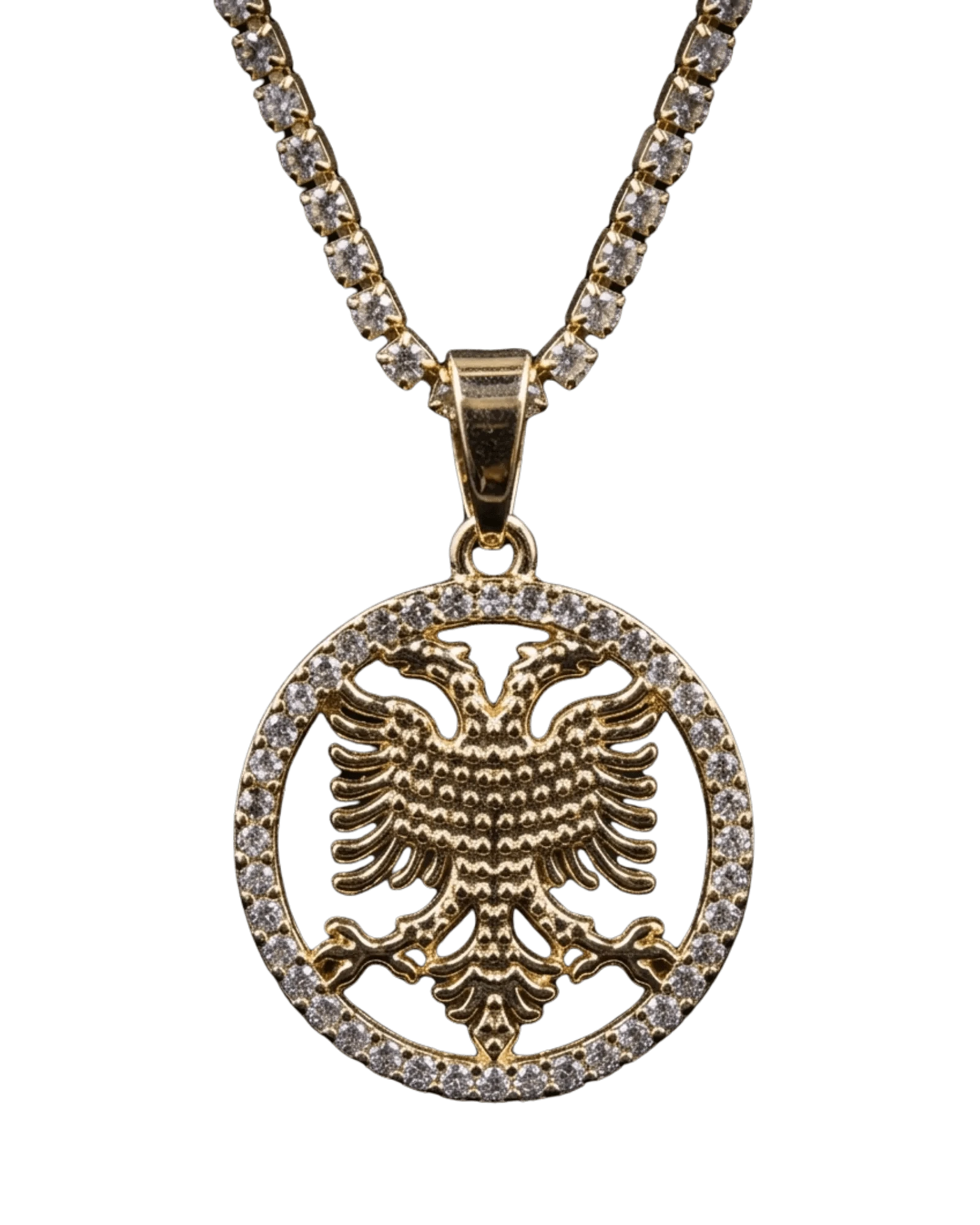 Shqiponja Kristall - Halskette – Albanischer Doppelkopfadler Medaillon mit Zirkonia - Tenniskette | Albanien Schmuck - Albanien Shop