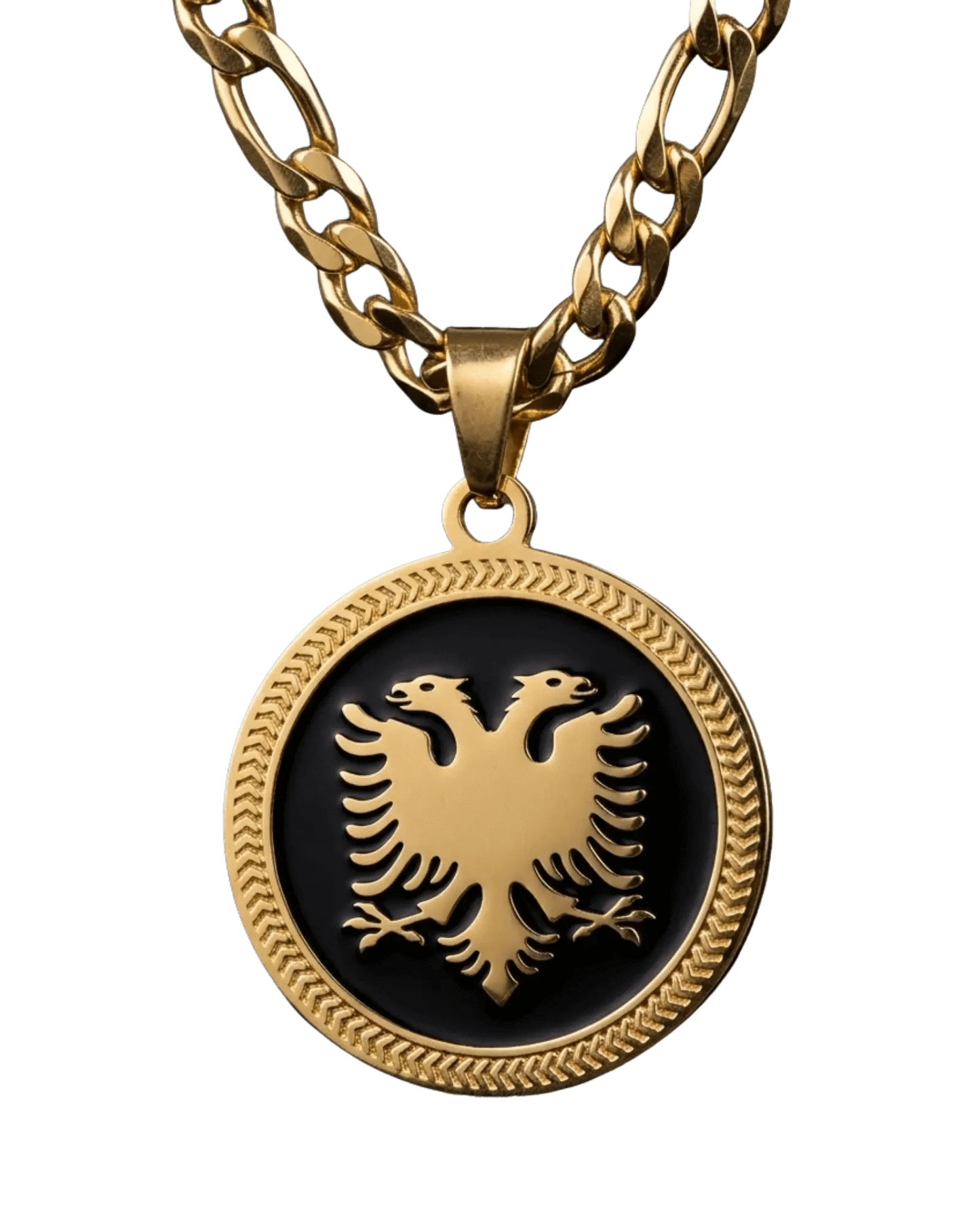 Shqiponja Medaillon Halskette Gold Schwarz – Albanischer Doppelkopfadler Figaro - Kette | Albanien Schmuck - Albanien Shop