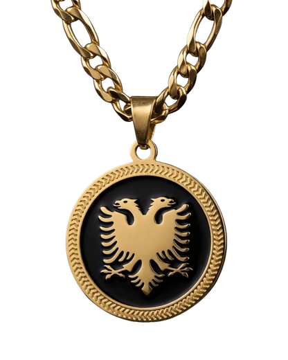 Shqiponja Medaillon Halskette Gold Schwarz – Albanischer Doppelkopfadler Figaro - Kette | Albanien Schmuck - Albanien Shop