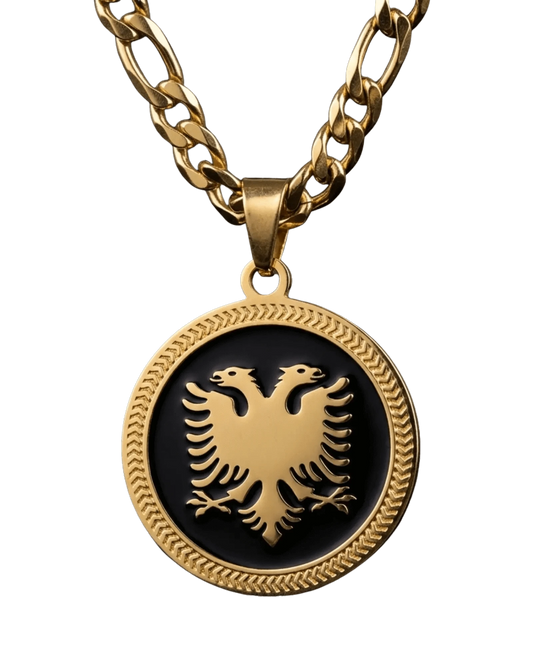 Shqiponja Medaillon Halskette Gold Schwarz – Albanischer Doppelkopfadler Figaro - Kette | Albanien Schmuck - Albanien Shop