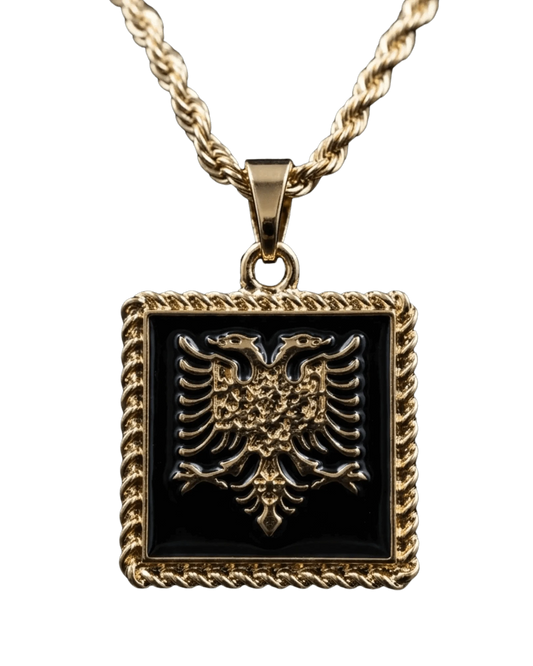 Shqiponja Quadrat - Halskette – Albanischer Doppelkopfadler Schwarz Gold | Albanien Schmuck - Albanien Shop