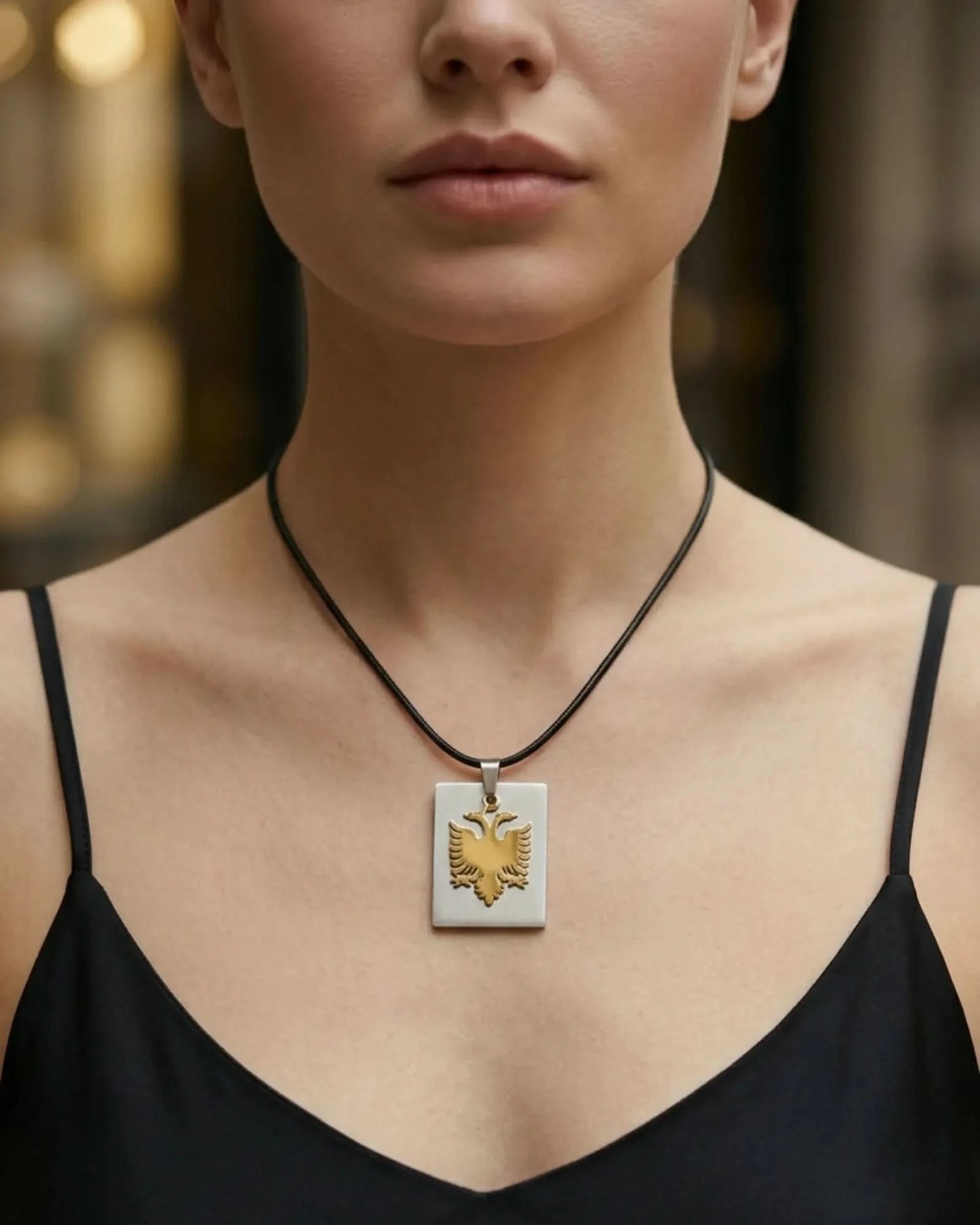 Shqiponja Tag Halskette – Albanischer Doppelkopfadler Platte an Kordel | Albanien Schmuck - Albanien Shop