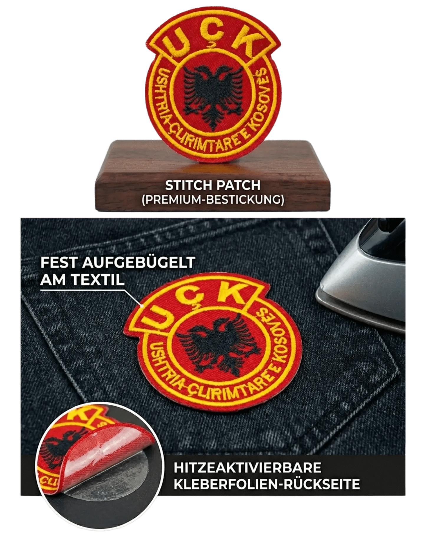 UCK Aufbuegel - Patch mit Doppeladler – Gestickter Aufnaeheer Kosovo | Rund & Wappen - Albanien Shop