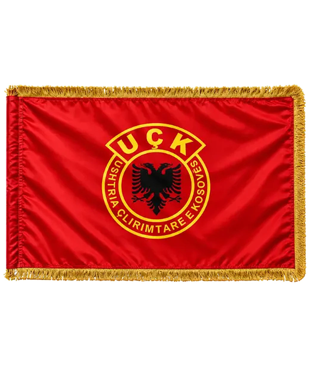 Flamuri UÇK Premium XXL 170 × 300 cm – flamur i kuq me theka të arta, emblemën e verdhë të UÇK-së dhe shqiponjën dykrenare të zezë
