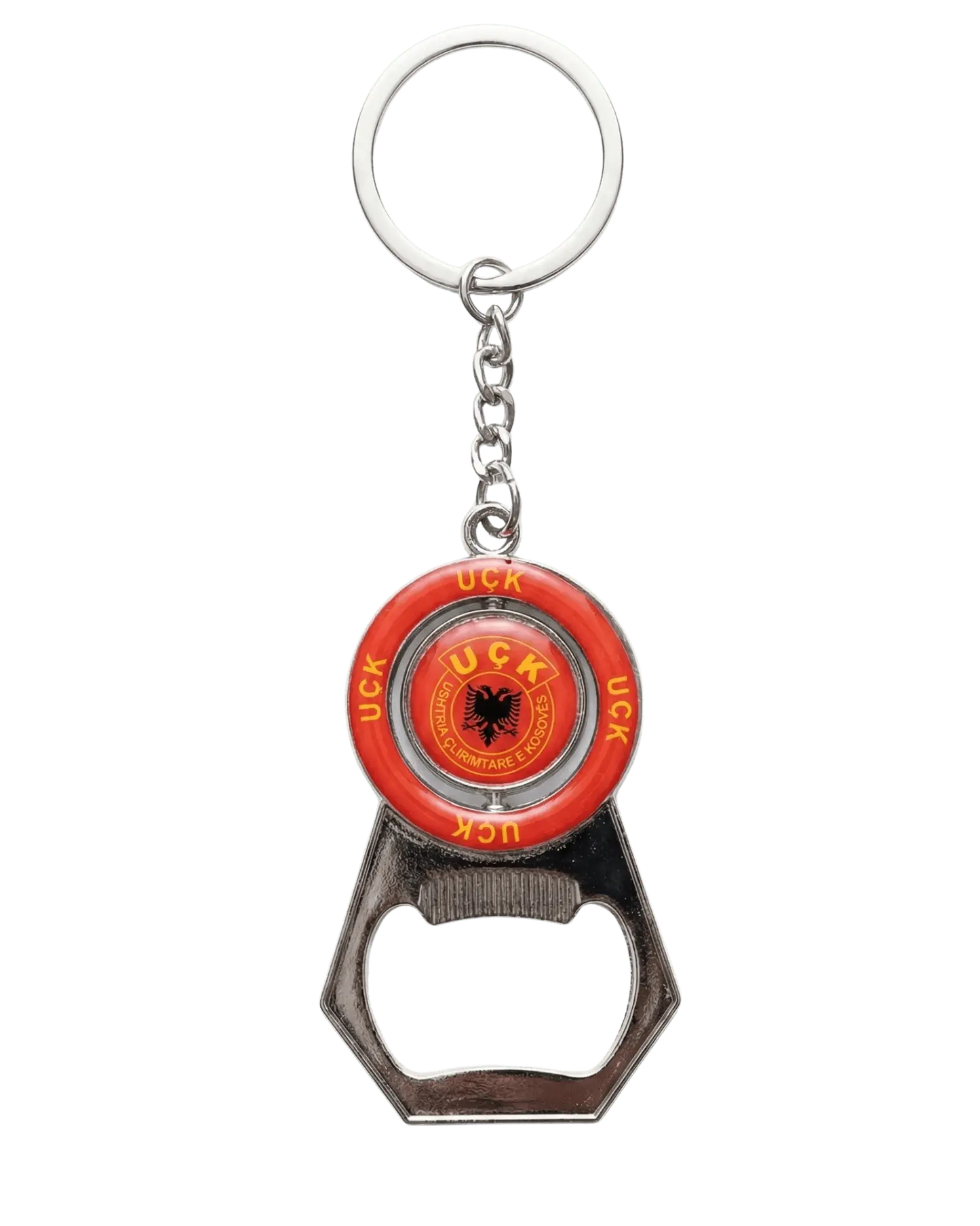 UÇK Flaschenöffner Schlüsselanhänger mit drehbarem UÇK Emblem aus Metall