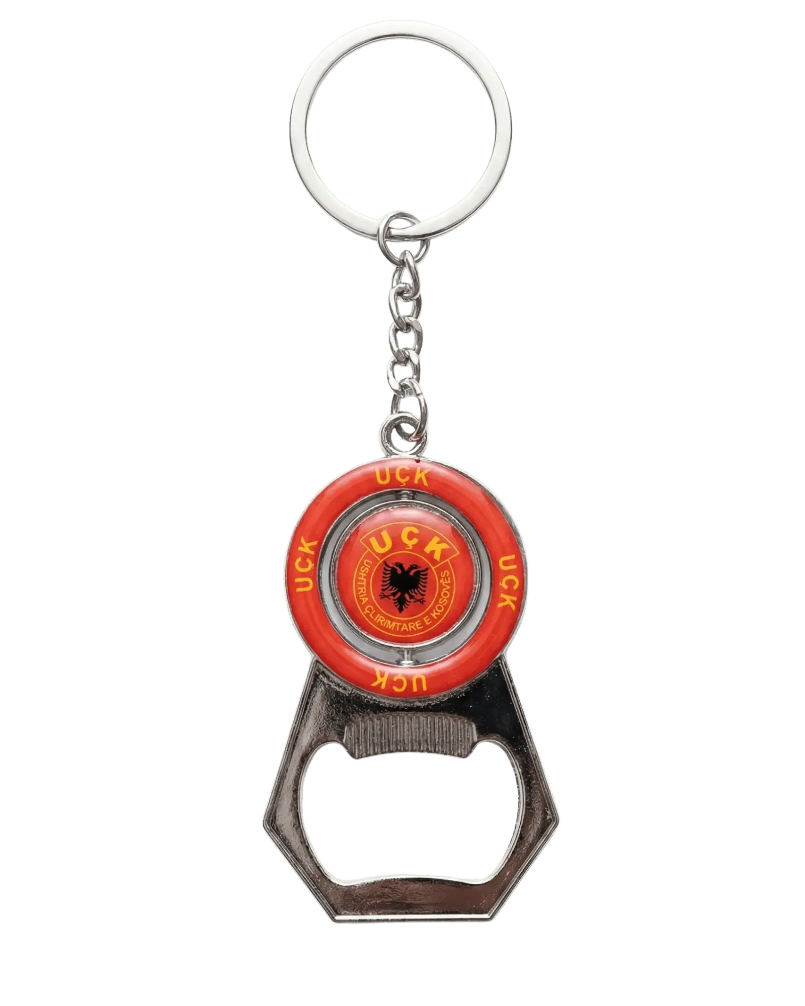 UÇK Flaschenöffner Schlüsselanhänger mit drehbarem UÇK Emblem aus Metall