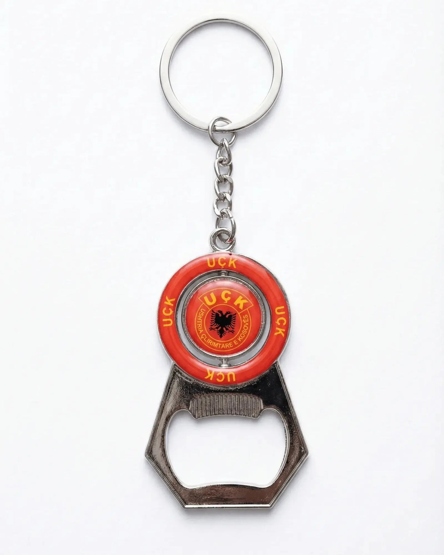 UÇK Flaschenöffner Schlüsselanhänger mit drehbarem UÇK Emblem aus Metall