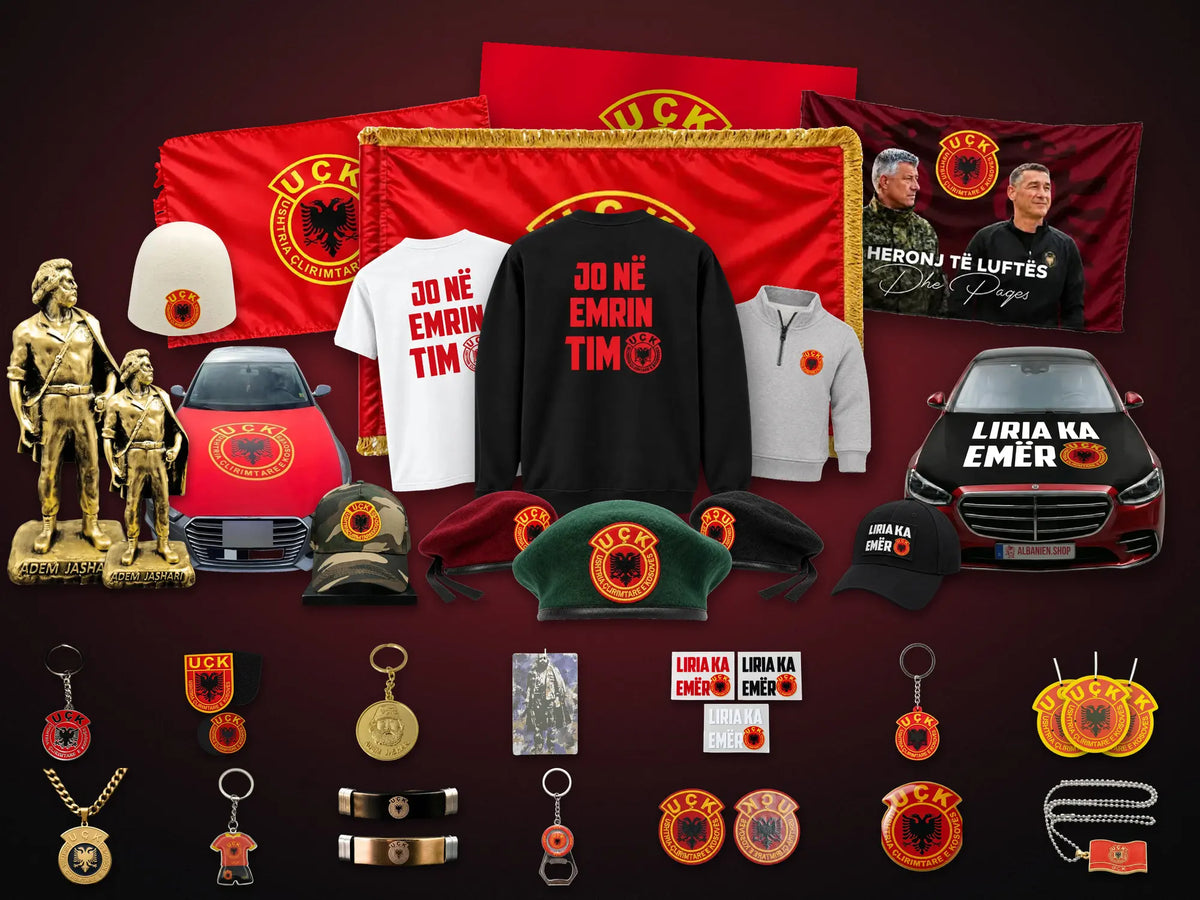 UÇK-Kollektion von Albanien.Shop: Flaggen, Sweatshirt und T-Shirt Jo në emrin tim, Baretts, Plis, Adem-Jashari-Statuen, Motorhaubenflaggen und Accessoires
