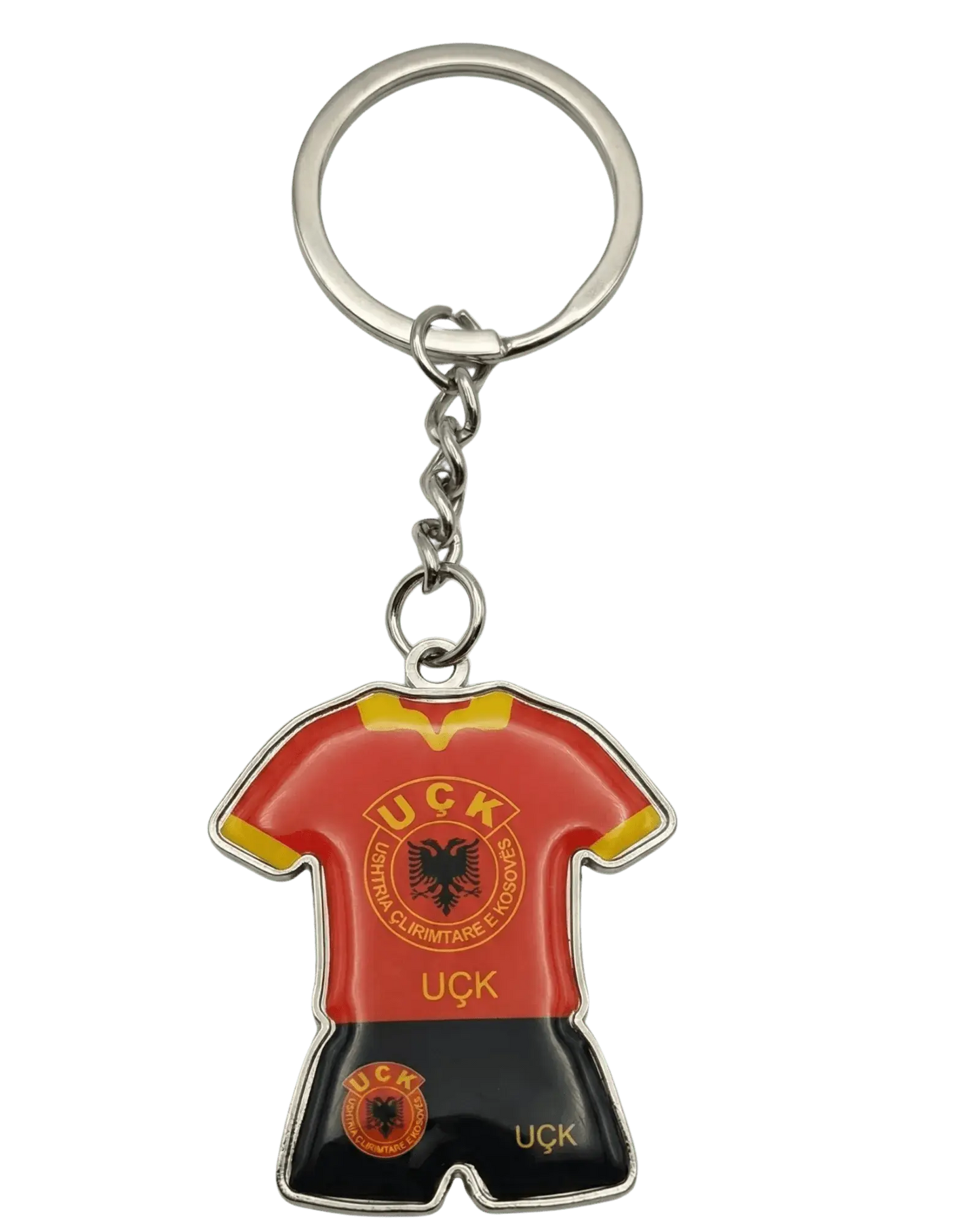 Schlüsselanhänger in Form eines UÇK Fußball-Trikots, rot-schwarzes Jersey aus Metall mit Hochglanz-Beschichtung