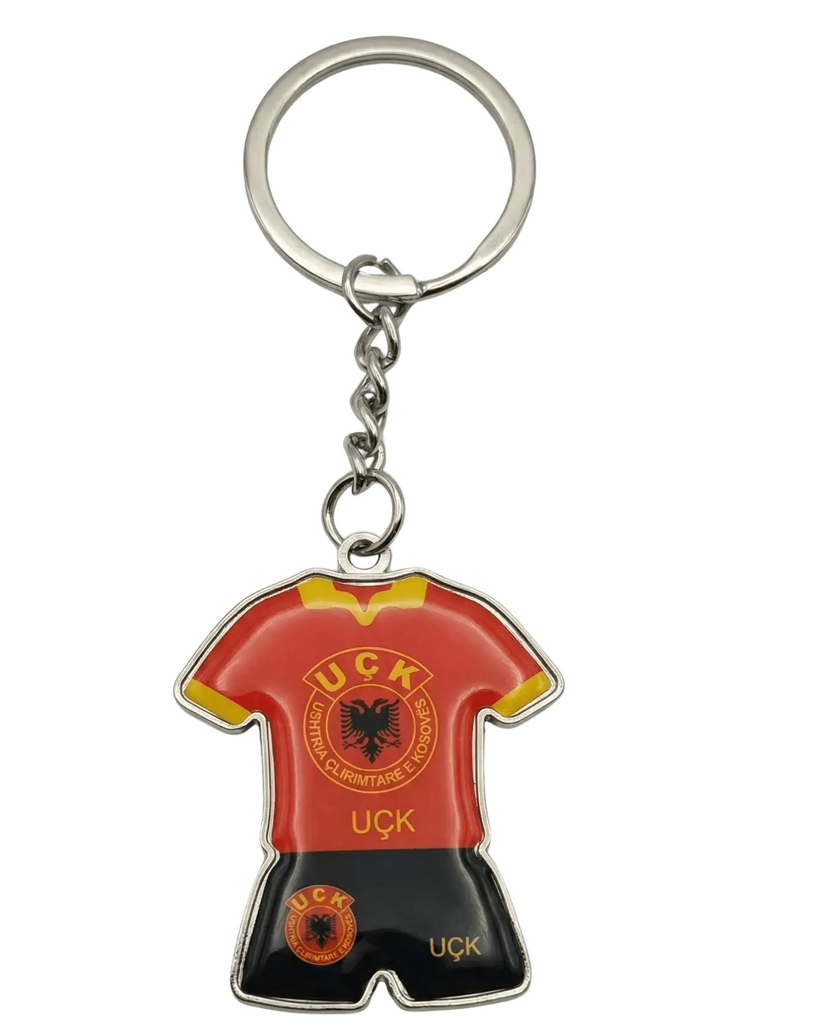 Schlüsselanhänger in Form eines UÇK Fußball-Trikots, rot-schwarzes Jersey aus Metall mit Hochglanz-Beschichtung