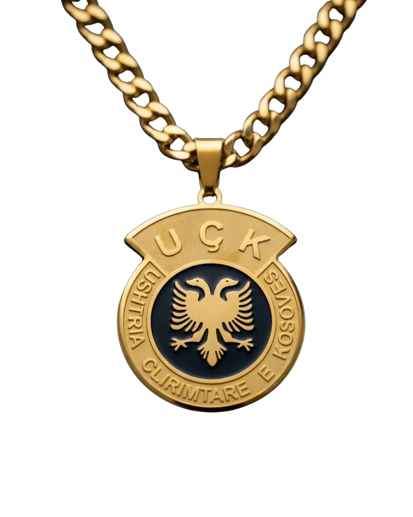 UQK Halskette – Kosovo Medaillon Doppelkopfadler Goldfarbig | Ushtria Çlirimtare e Kosovës - Albanien Shop