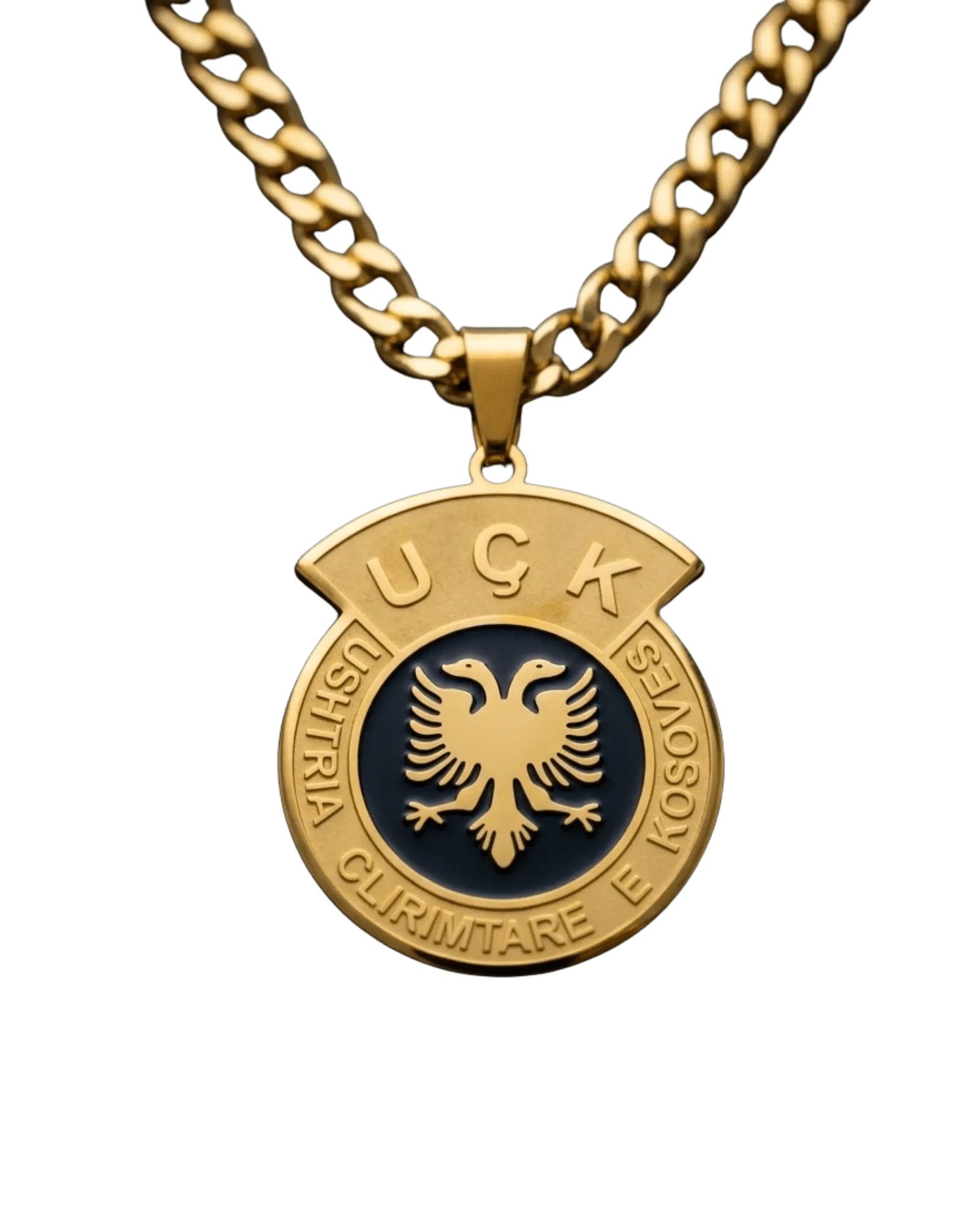 UQK Halskette – Kosovo Medaillon Doppelkopfadler Goldfarbig | Ushtria Çlirimtare e Kosovës - Albanien Shop