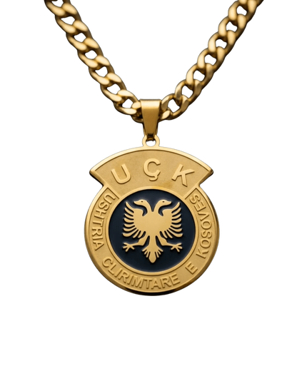 UQK Halskette – Kosovo Medaillon Doppelkopfadler Goldfarbig | Ushtria Çlirimtare e Kosovës - Albanien Shop