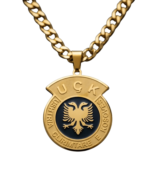 UQK Halskette – Kosovo Medaillon Doppelkopfadler Goldfarbig | Ushtria Çlirimtare e Kosovës - Albanien Shop